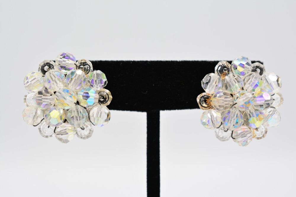 Vintage Crystal Clip On Earrings Aurora Borealis AB Cluster Silver Tone BinAA